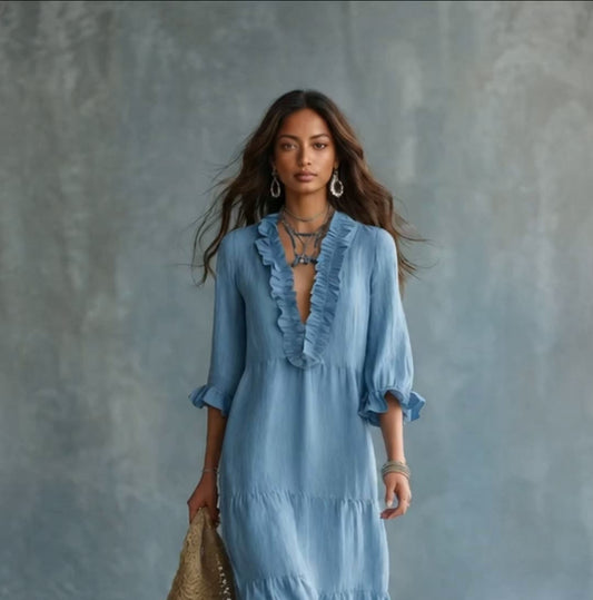 Anita - Abito Lungo Boho Azzurro con Scollo a V
