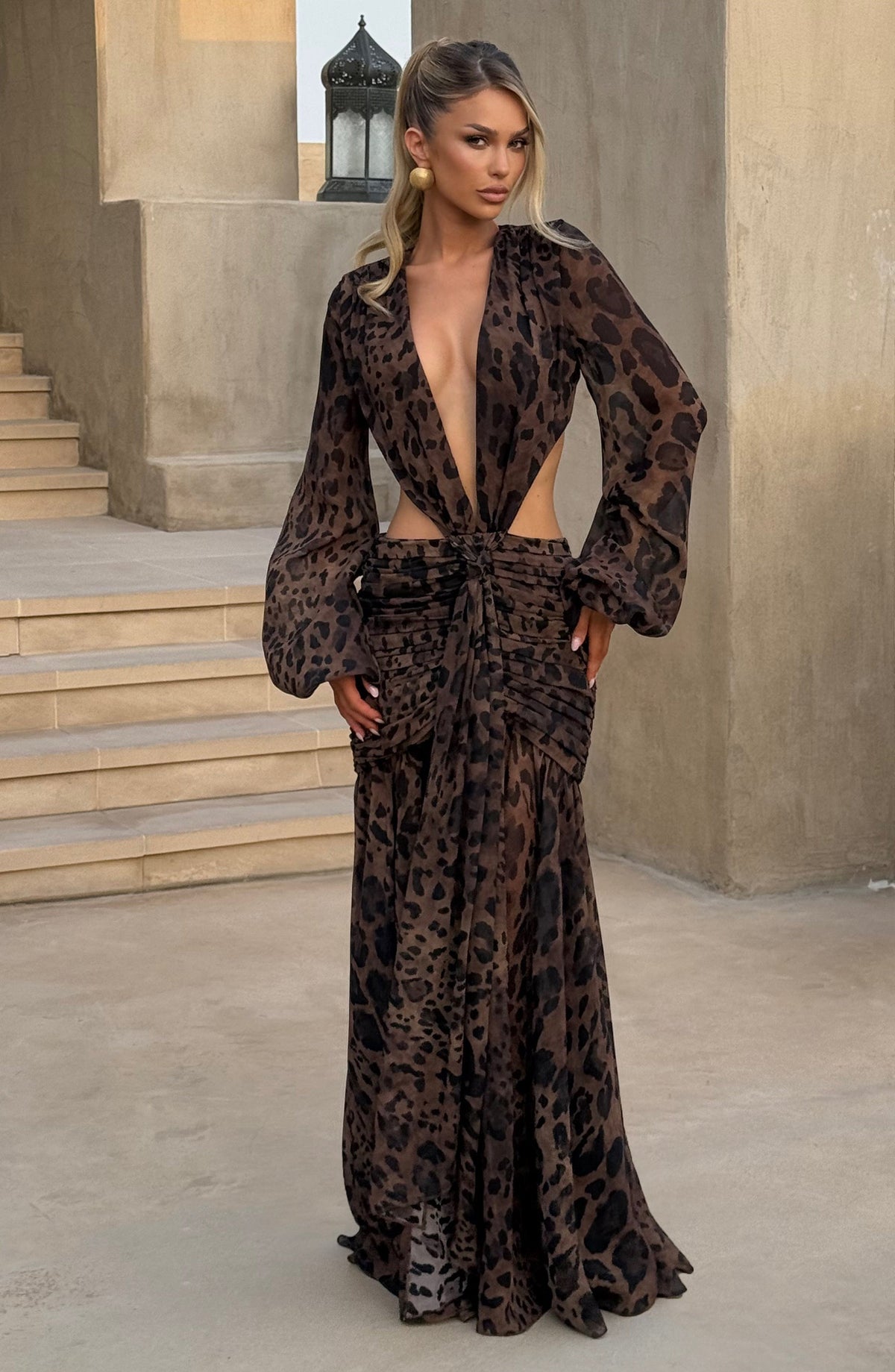 Andrina - Abito Lungo Leopardato con Schiena Scoperta
