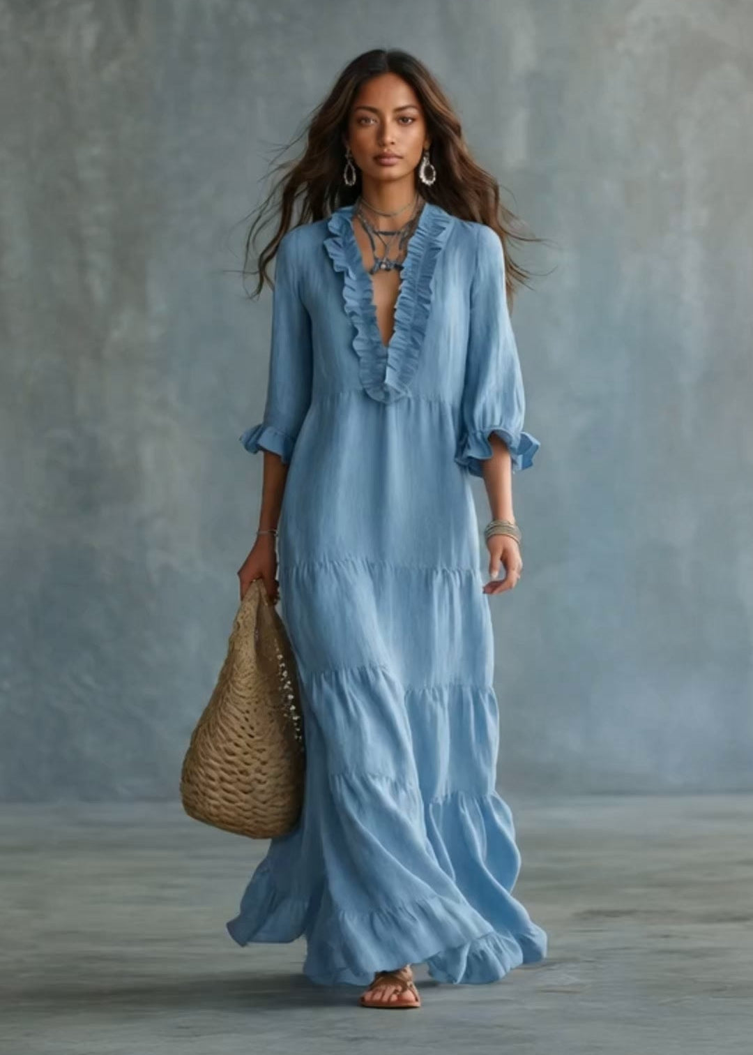 Anita - Abito Lungo Boho Azzurro con Scollo a V
