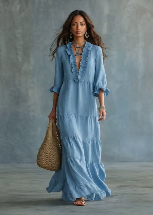 Anita - Abito Lungo Boho Azzurro con Scollo a V