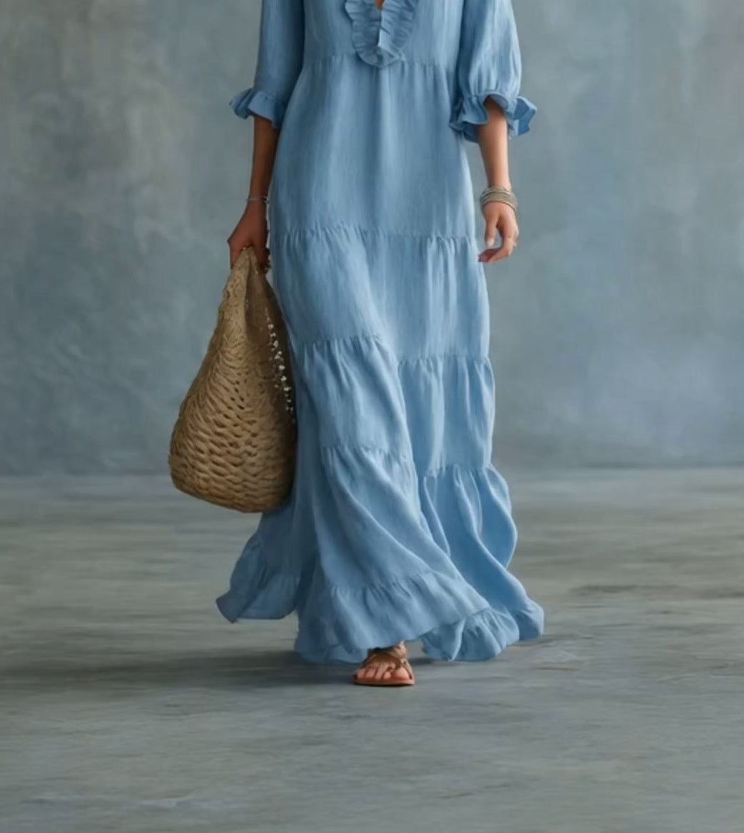 Anita - Abito Lungo Boho Azzurro con Scollo a V