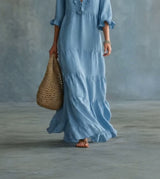 Anita - Abito Lungo Boho Azzurro con Scollo a V