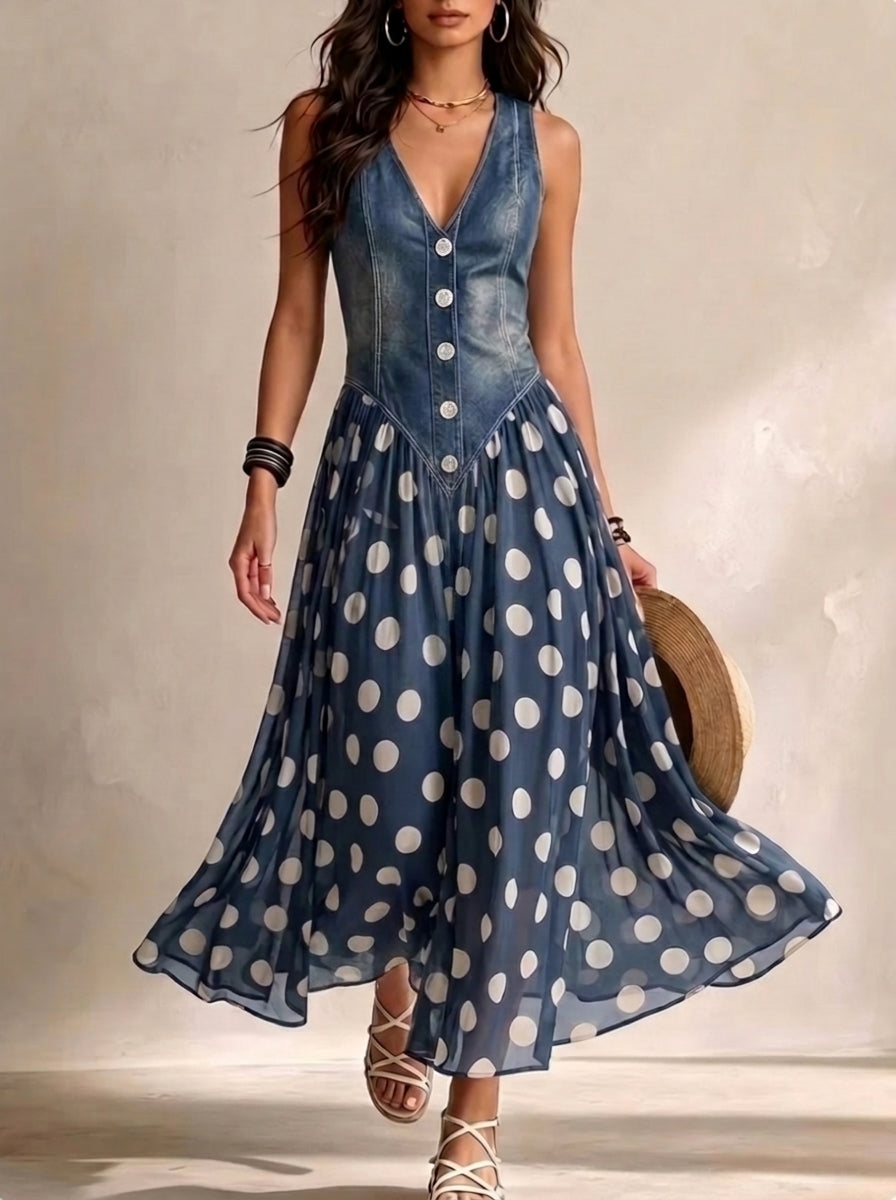 Carla - Abito Effetto Denim con Inserto a Pois