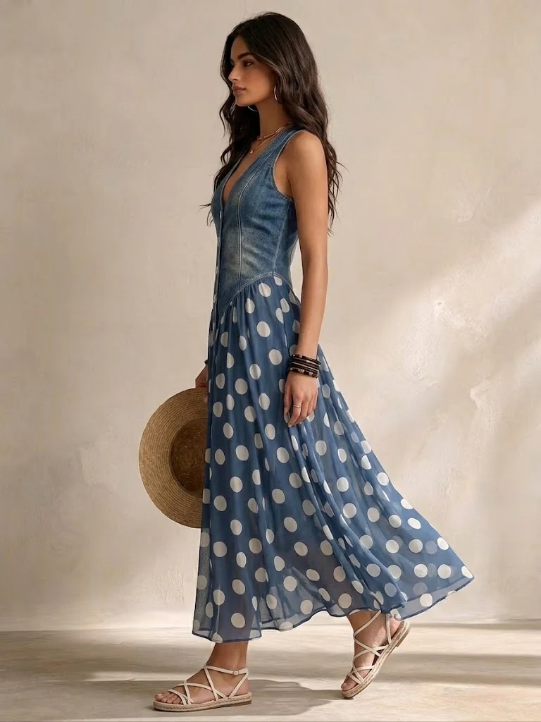 Carla - Abito Effetto Denim con Inserto a Pois