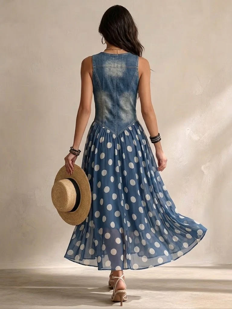 Carla - Abito Effetto Denim con Inserto a Pois