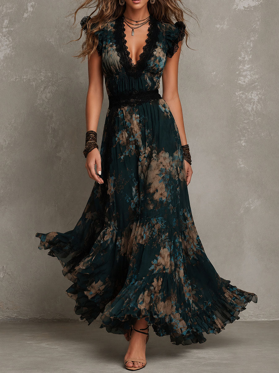 Dalia - Abito Lungo Floreale Boho con Volant