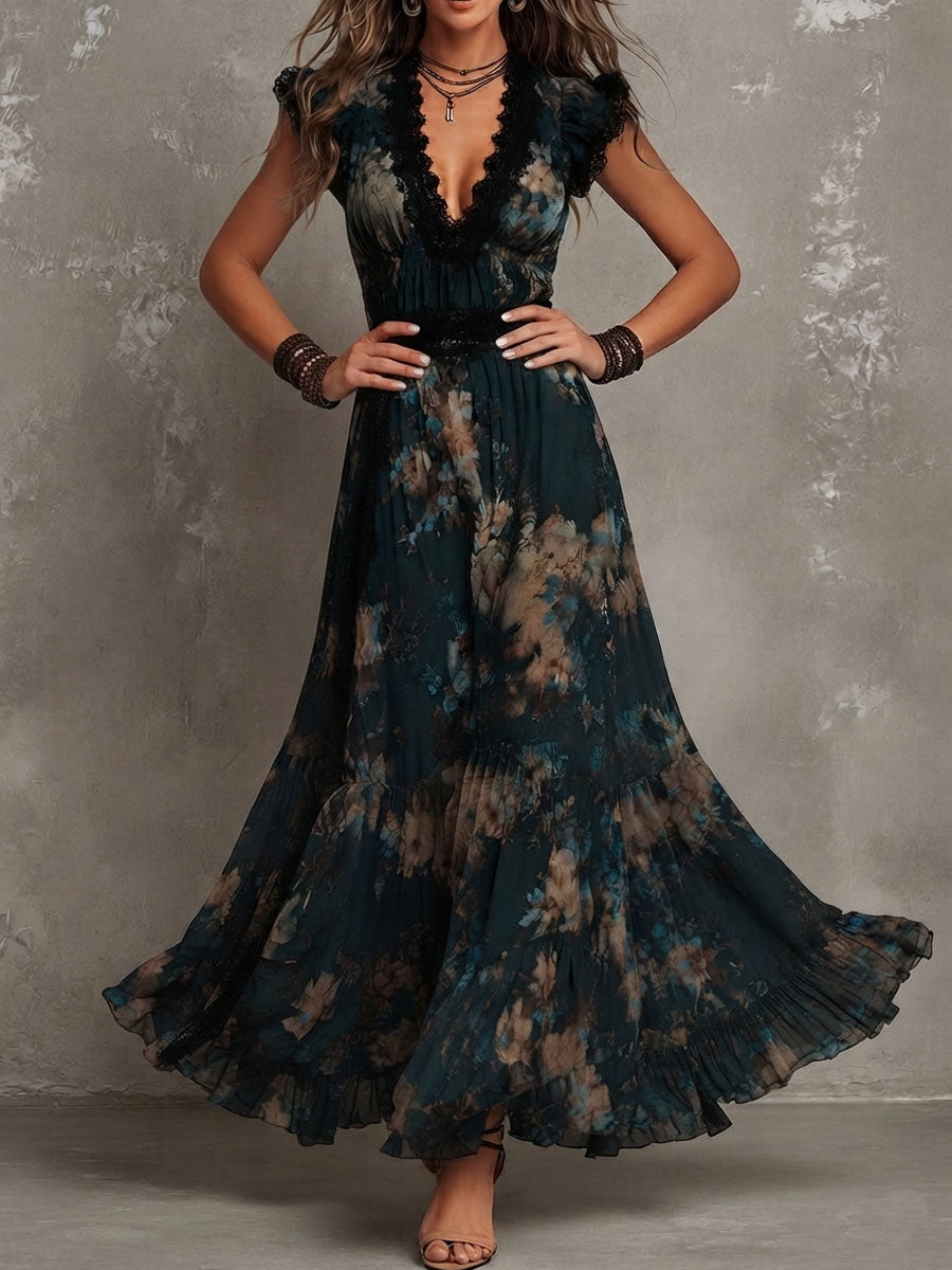 Dalia - Abito Lungo Floreale Boho con Volant