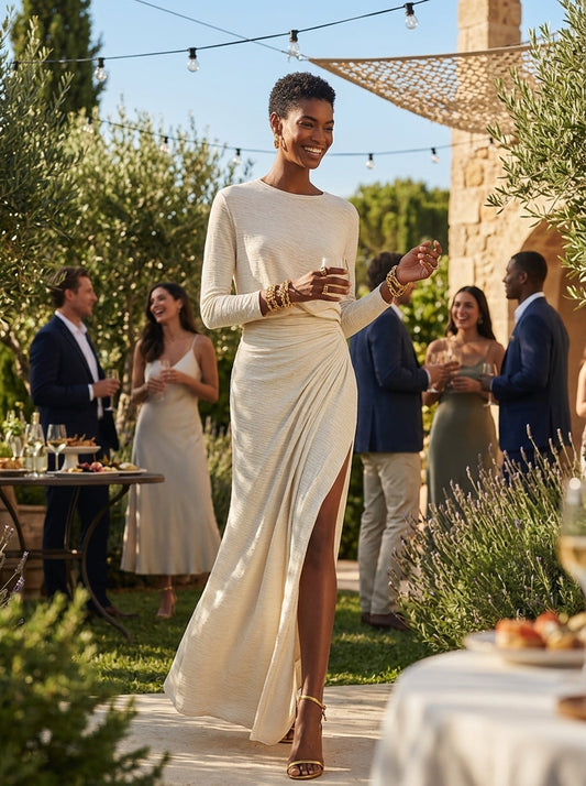 Nora - Abito Lungo Beige con Spacco Laterale