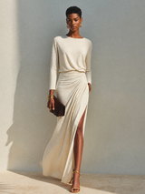 Nora - Abito Lungo Beige con Spacco Laterale