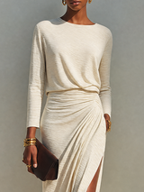 Nora - Abito Lungo Beige con Spacco Laterale